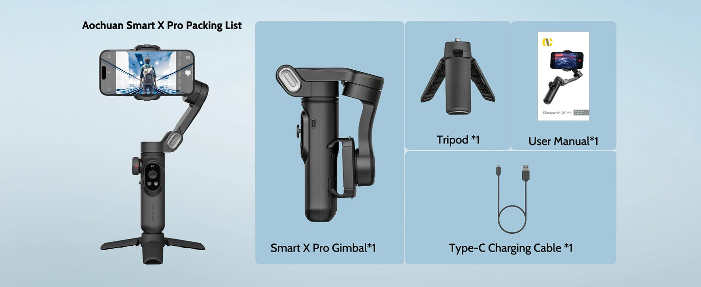 AOCHUAN Smart XPro 3-Axis Gimbal Stabilizer – Smartphone Video Stabilizer for iPhone & Android with Fill Light Effect