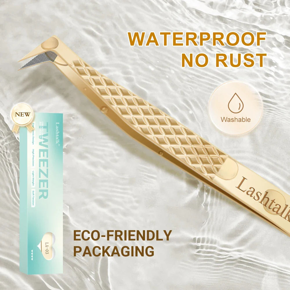 Lashtalk Precision Fiber Tip Tweezer - Diamond Grip Anti-Slip Gold Stainless Steel for Eyelash Extensions Makeup by Nagaraku