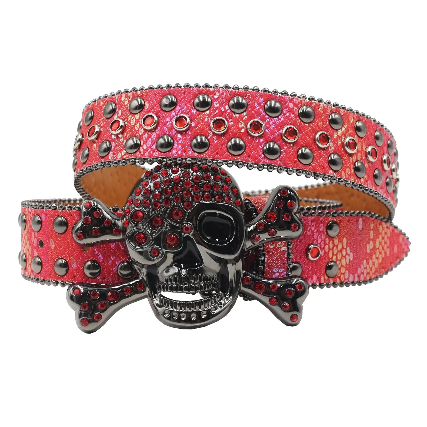 Women’s Rhinestone Skull Leather Belt – Luxury Designer Studded Strap for Jeans, White & Black