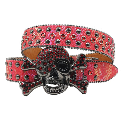 Women’s Rhinestone Skull Leather Belt – Luxury Designer Studded Strap for Jeans, White & Black