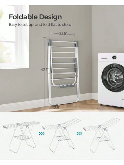 SONGMICS Foldable Clothes Drying Rack – Metal Laundry Airer with Sock Clips, Height Adjustable & Space-Saving Design