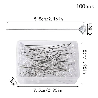 Fenrry 100PCS Diamond Head Pins – Crystal Corsage Sewing Pins, Straight Pins for Dressmaking & Party Decorations with Plastic Box