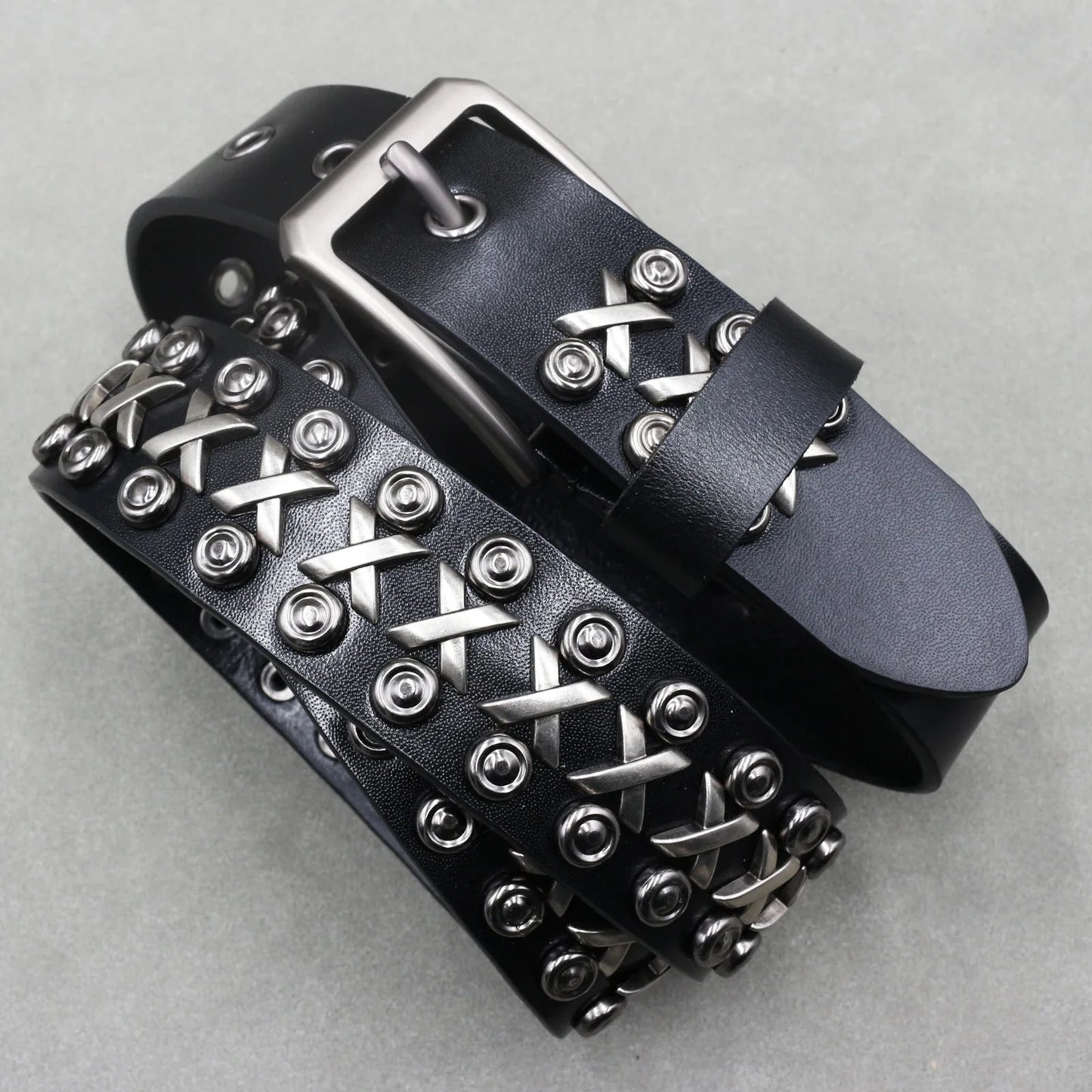 Men’s Designer Rivet Belt – Genuine Cowhide Leather Punk Rock Pin Belt for Jeans, Luxury Black Leather Belt