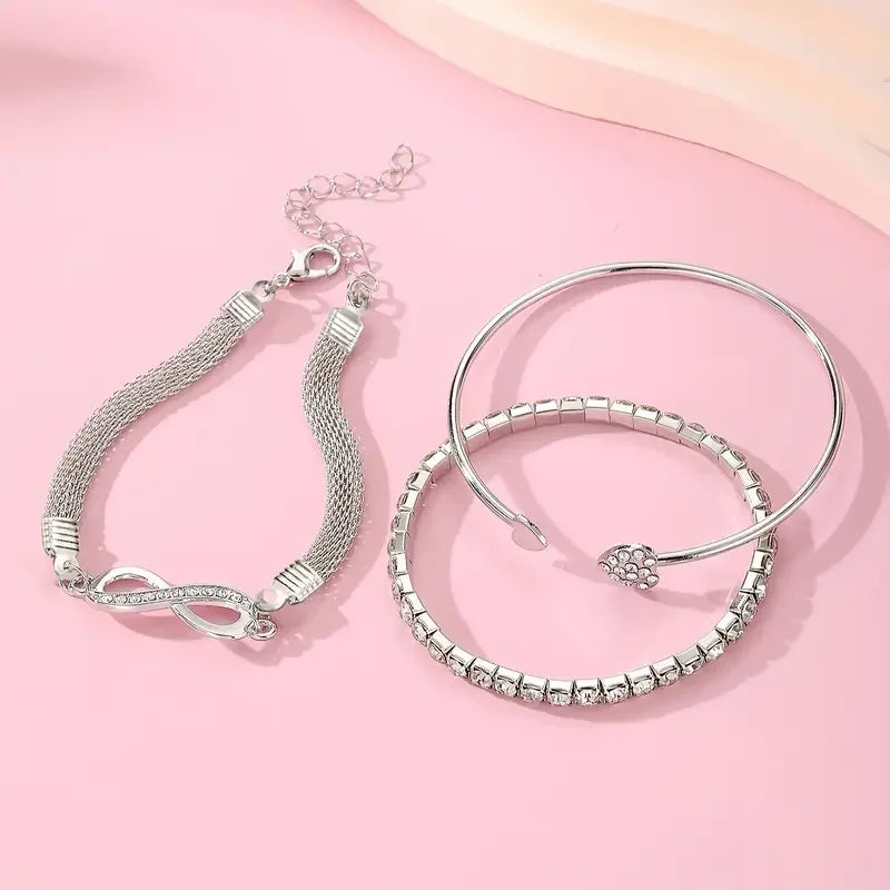 3PCS Vintage Crystal Rhinestone Heart Bracelet Set – Adjustable Infinity Cuff Bangles for Women Fashion Jewelry Gift