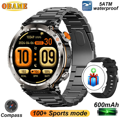2025 5ATM Outdoor Smartwatch for Men – 600mAh Battery, LED Flashlight, Compass, Bluetooth Call, Heart Rate, IP68 Sports Watch