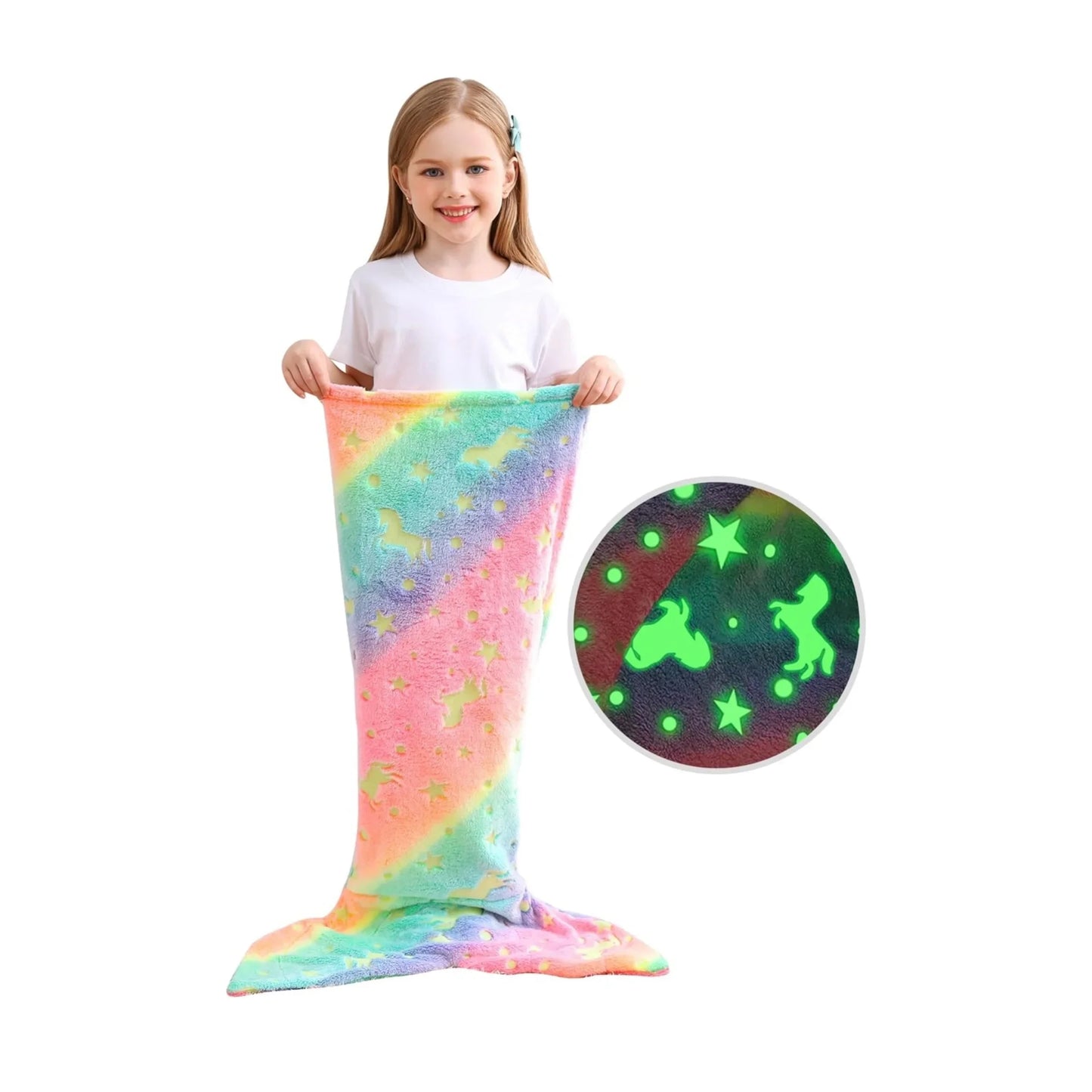 Cartoon Rainbow Unicorn Mermaid Tail Blanket — Super Soft Glow-in-the-Dark Flannel Blanket, Perfect Gift for Girls