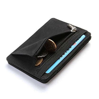 Mini Men’s Card Holder Wallet — Slim PU Leather Wallet with Zipper Coin Pocket, Magic Closure, Credit Card Case, Small Men’s Purse