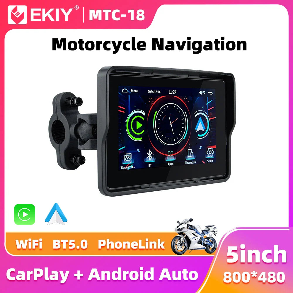 EKIY 5" Portable Motorcycle GPS Navigation Display – Digital Dashboard with Wireless CarPlay & Android Auto