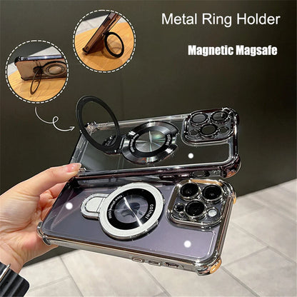 Luxury Plated Shockproof Magnetic Bracket for MagSafe – Clear Case with Stand Holder for iPhone 15, 16, 14, 13, 12, 11 Pro Max