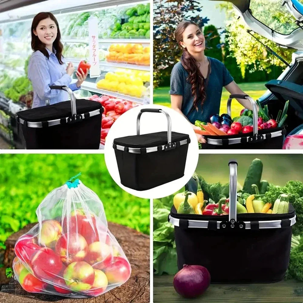 Folding Insulated Meal & Shopping Basket — Portable Handheld Cooler Bag for Outdoor Lunch, Ice Pack, and Food Delivery