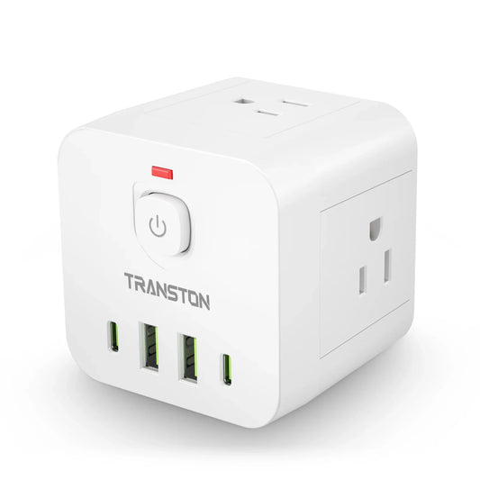 Mini Portable Cube Power Socket with Surge Protector — 4 Sockets, 2 USB & 2 Type-C Ports for Home, Office & Travel, White