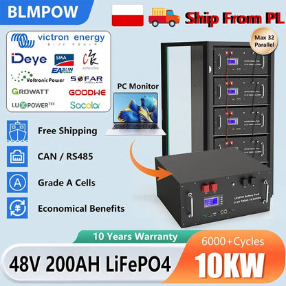 LiFePO4 48V 100Ah/200Ah Lithium Solar Battery Pack – 51.2V 10kW, 6000 Cycles, 16S 200A BMS, Max 32 Parallel for Inverter