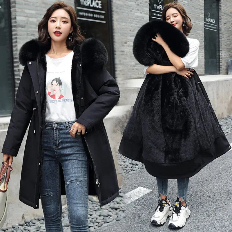 Women's Winter Hooded Parka - Long Padded Coat with Wool Lining & Fur Collar, 6XL