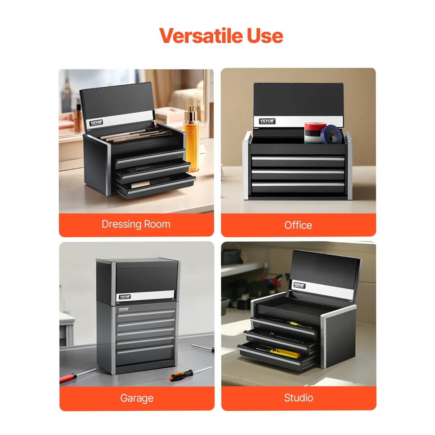 VEVOR 8.6in Portable Metal Toolbox – 3 Drawers Tool Chest with Ball Bearing & PP Feet Pads for Garage Storage