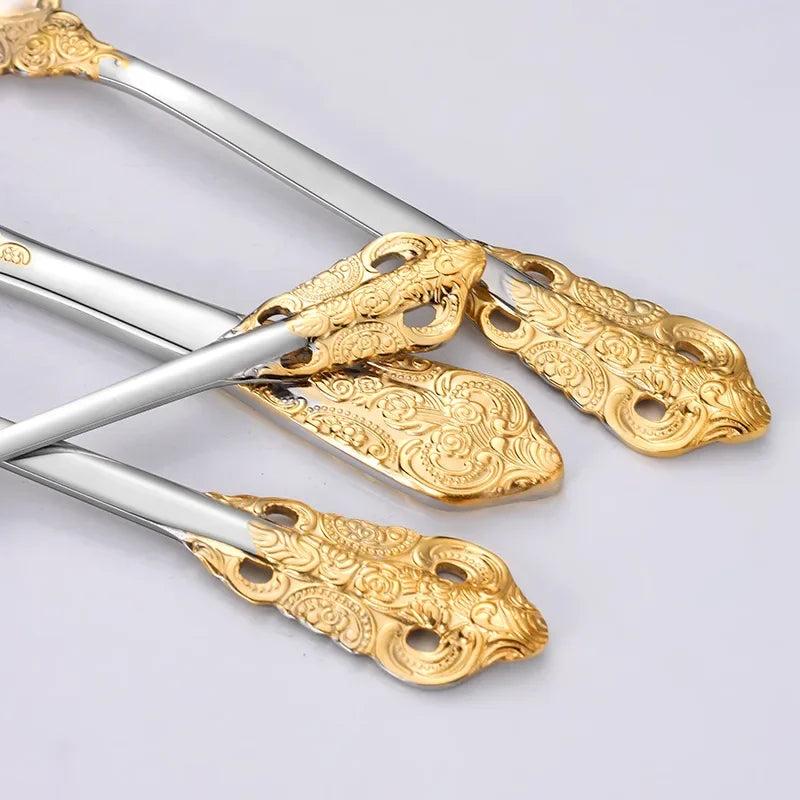Premium 304 Stainless Steel Gold Cutlery Set - Vintage Western Dinnerware with Luxury Engraving - Forks, Knives, Spoons - Silverware