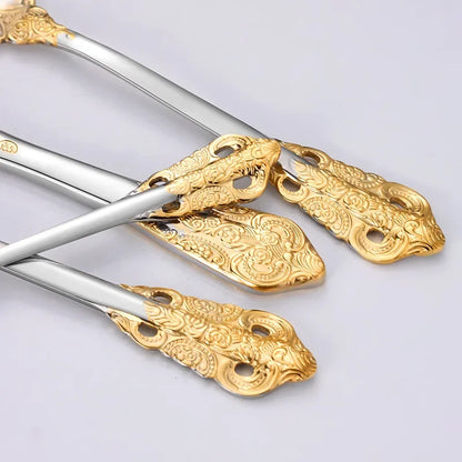 Premium 304 Stainless Steel Gold Cutlery Set - Vintage Western Dinnerware with Luxury Engraving - Forks, Knives, Spoons - Silverware