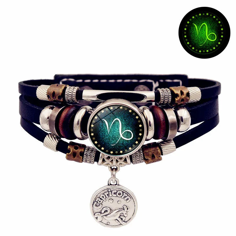 Starry Sky Zodiac Luminous Leather Bracelet - Multi-Layered Beaded Snap Closure for Men & Women, Friendship Bracelet
