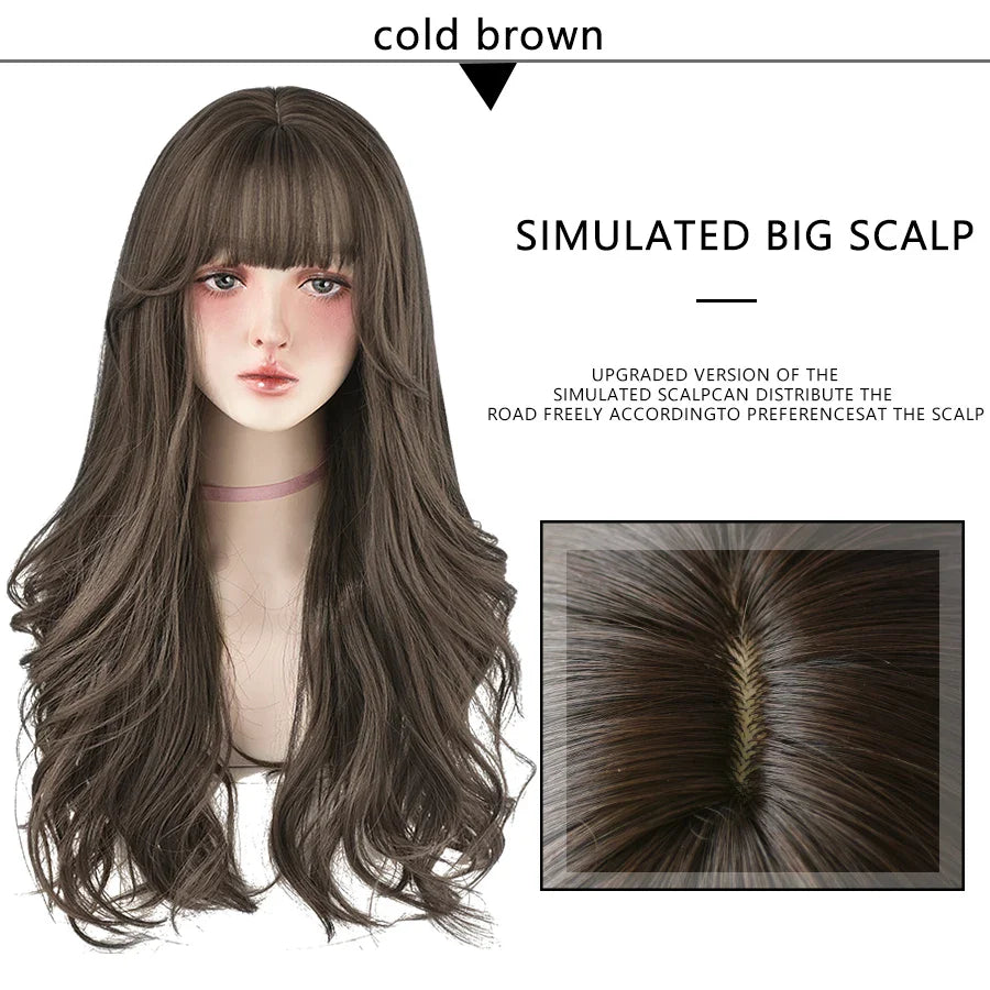 7JHH Brown Ash Long Deep Wave Lolita Wig for Women — Synthetic Hair with Bangs, Thick Curly Fashion Wig