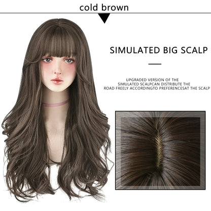 7JHH Brown Ash Long Deep Wave Lolita Wig for Women — Synthetic Hair with Bangs, Thick Curly Fashion Wig