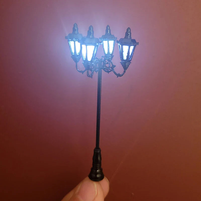 HO Scale Model Lamps – 4-Head 3V Cold White Street & Park Lampposts for Train Layouts & Miniature Gardens