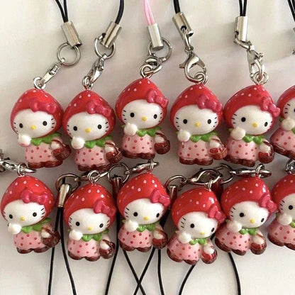 Kawaii Strawberry Hello Kitty Phone Pendant — Cute DIY Backpack Keychain, Fun Decoration & Birthday Gift for Friends