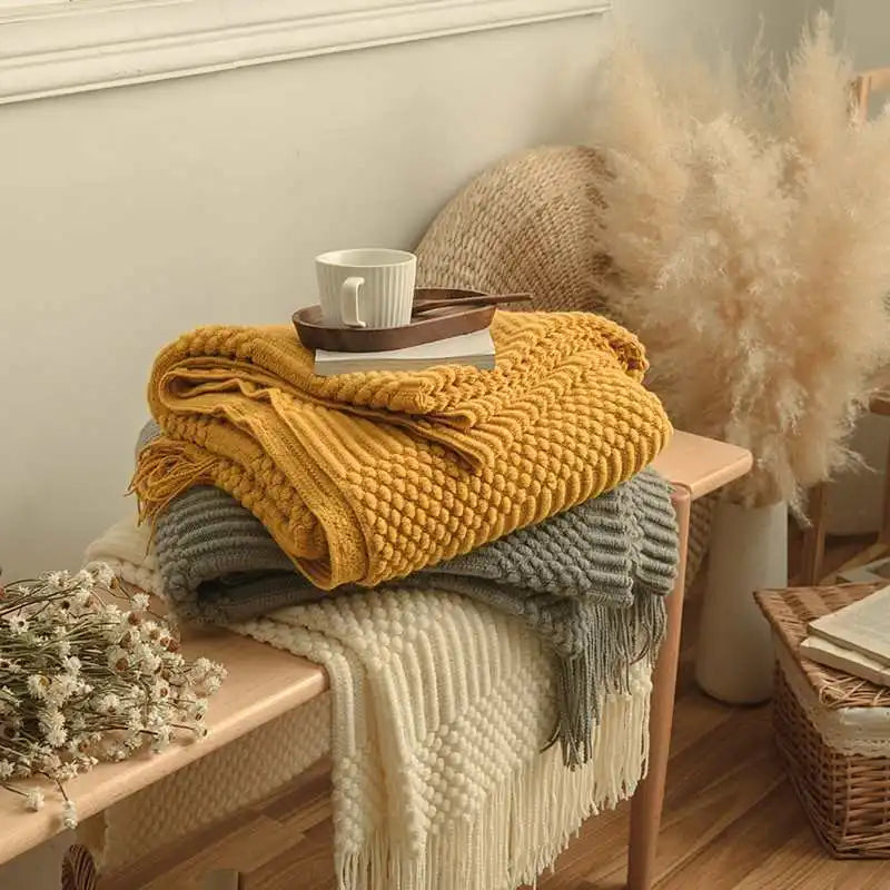 White Boho Throw Blanket – Textured Chunky Knitted Vintage Luxury Bedspread, Sofa Cover Manta Para Sofá