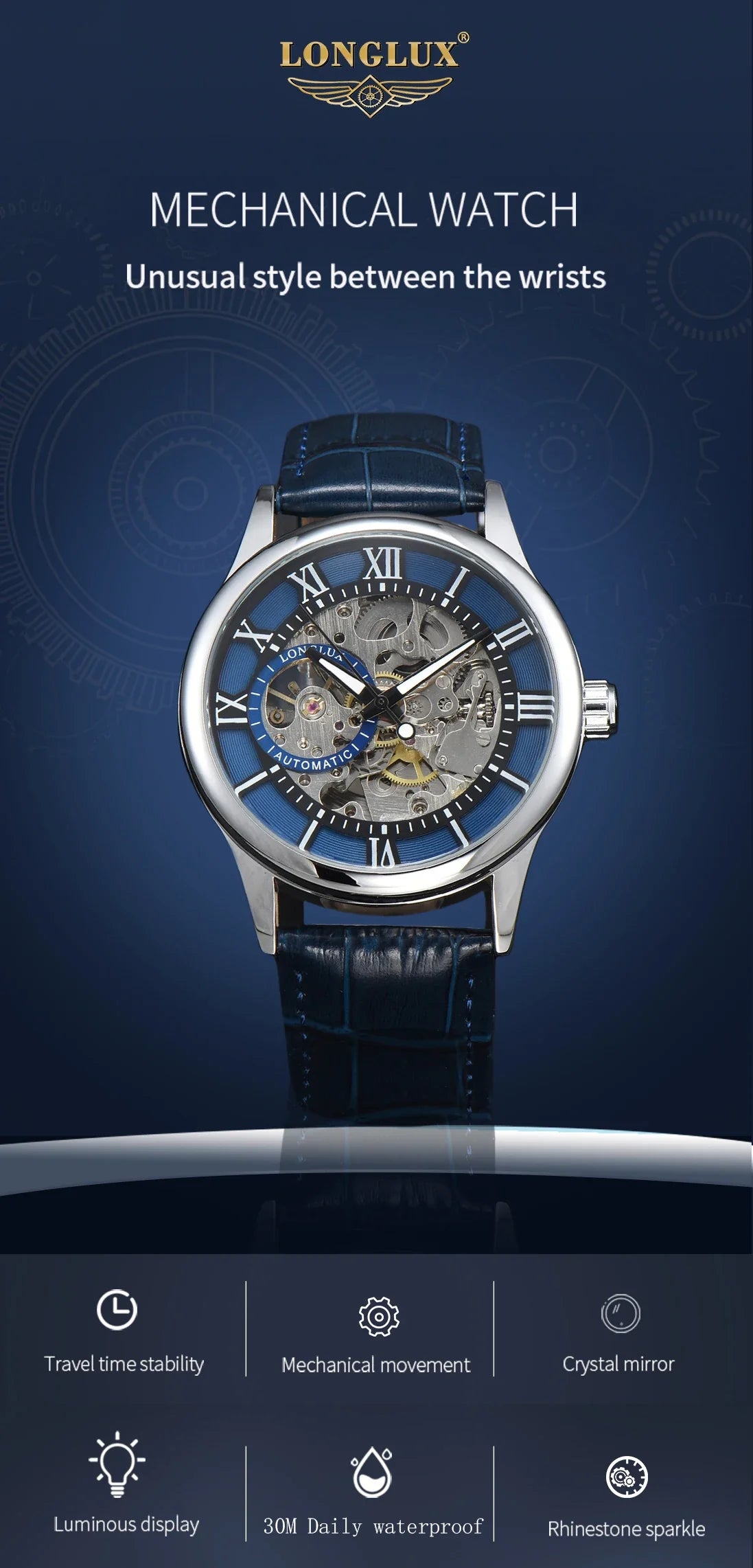 LONGLUX Rome Automatic Mechanical Waterproof Men’s Watch – Hollow Dial Leather Wristwatch Gift