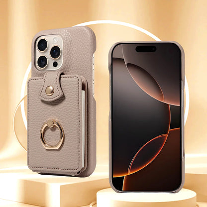 PU Leather iPhone Case with Ring & Card Slots – Anti-Fall Wallet Cover for iPhone 16 Pro Max, 15, 14, 13, 12, 11, 7, 8 Plus & 16e