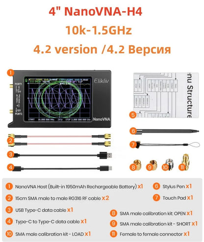 NanoVNA-H4 Vector Network Analyzer 10KHz-1.5GHz | 2.8/4" Display Antenna Tuner for MF HF VHF UHF | Spectrum Analyzer Nano VNA