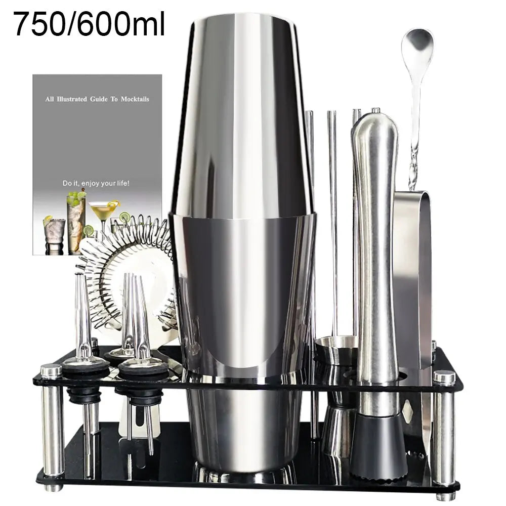 13-22Pcs Boston Cocktail Shaker Set - 750ml & 600ml Bar Tools, Wine Mixer Kit with Holder - Professional Bartender Tool Kit