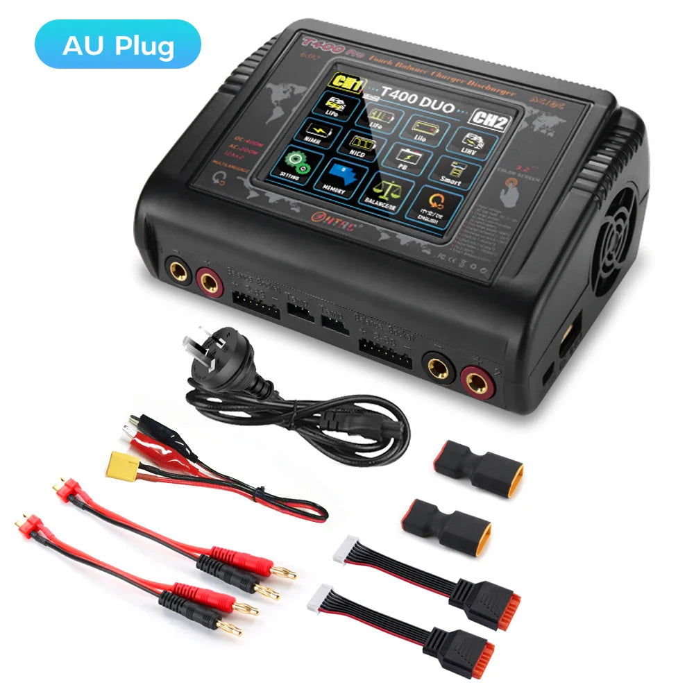 HTRC Smart Battery Charger DC 400W / AC 200W — 12A×2 Balance Charger & Discharger for LiHV, LiFe, Li-Ion, NiCd, NiMH, Pb, LiPo RC Batteries