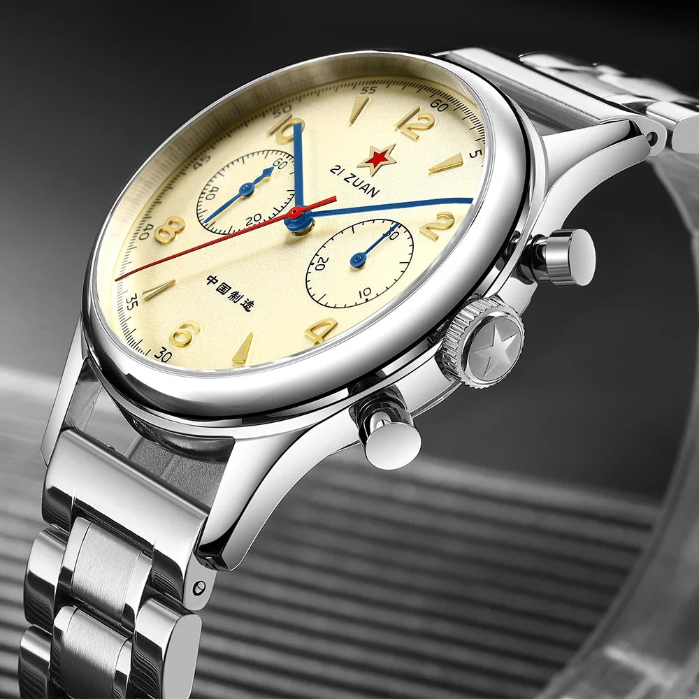 RED STAR 38mm Men's 1963 Chronograph Mechanical Watch – Pilot Air Force Aviation with Seagull ST1901 Movement & Sapphire Glass