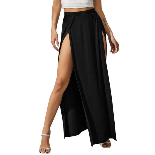Combhasaki Women’s Summer Boho Maxi Skirt – Elastic High Waist Solid Color Side Slit Loose Fit Beachwear