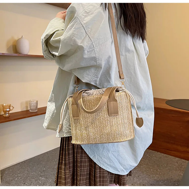 Fashion Straw Bucket Crossbody Bag – Women’s Summer Beach & Travel Shoulder Handbag