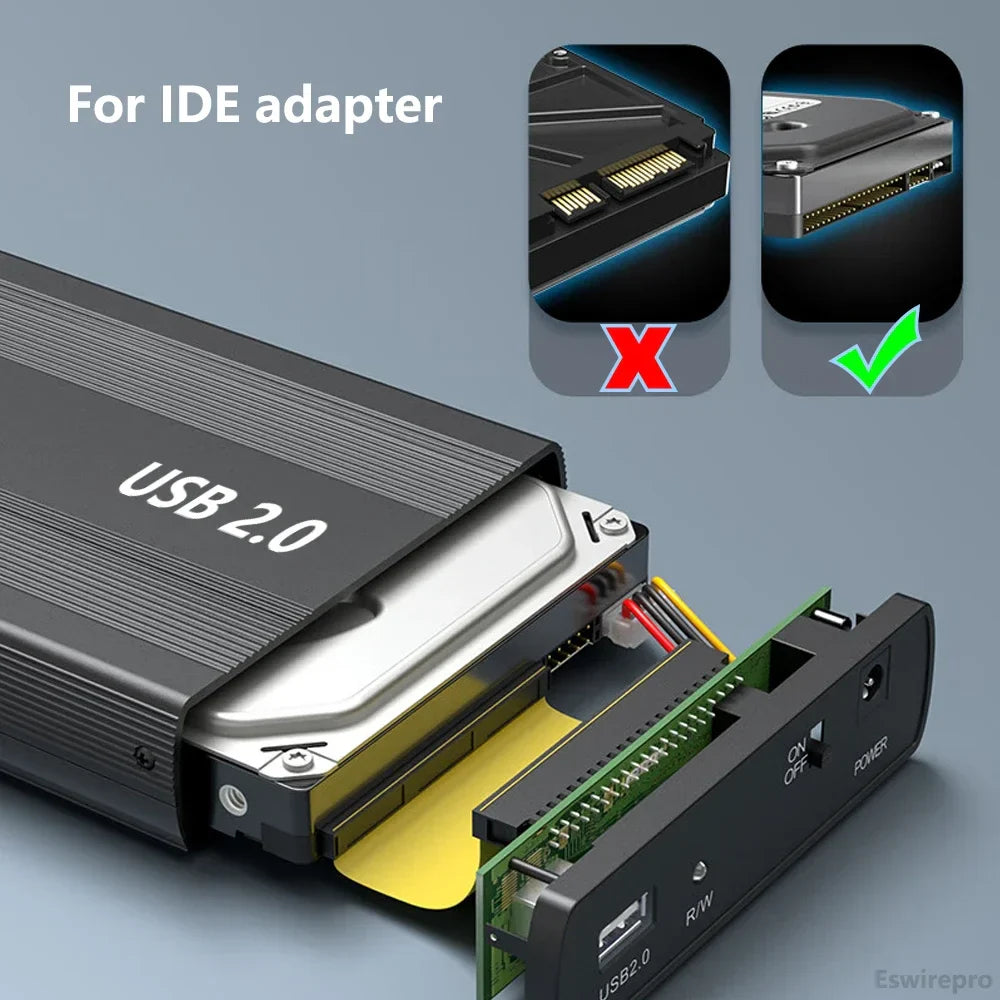 2.5"/3.5" IDE HDD External Enclosure — USB 2.0 Hard Drive Box for Desktop, PC, Laptop & Phone