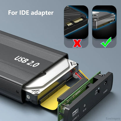 2.5"/3.5" IDE HDD External Enclosure — USB 2.0 Hard Drive Box for Desktop, PC, Laptop & Phone