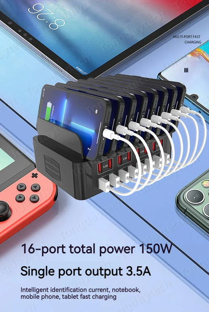 150W Universal Multi USB Fast Charger – 16-Port 3.5A Max Charging Station Stand for iPad, iPhone 14/13, Samsung S22, Xiaomi Tablet