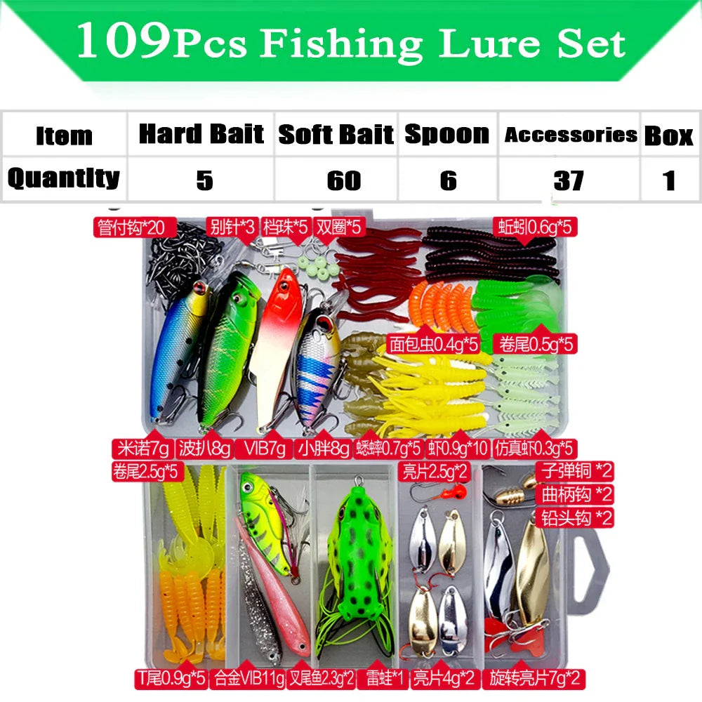 Fishing Lure Kit with Soft & Hard Baits – Minnow, Metal Jig Spoon & Crankbait Set for Bass & Pike Fishing with Storage Box Tackle Gear Kit