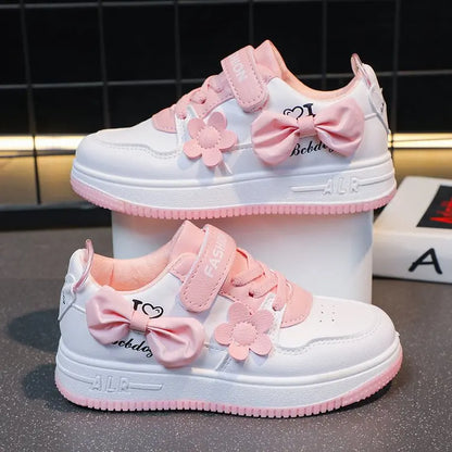 Girls Pink Bow Flower Sneakers - Breathable Non-Slip Casual Sports Shoes for Kids