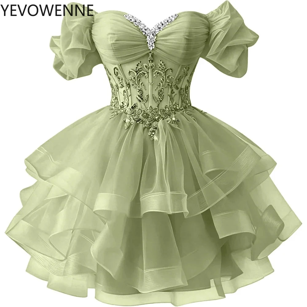 Beaded Lace Homecoming Dress - Short Tiered Tulle Sequin Prom & Quinceañera Gown