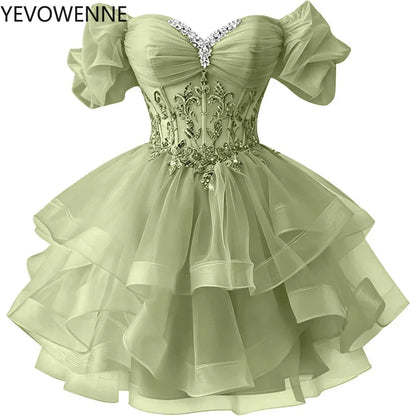 Beaded Lace Homecoming Dress - Short Tiered Tulle Sequin Prom & Quinceañera Gown