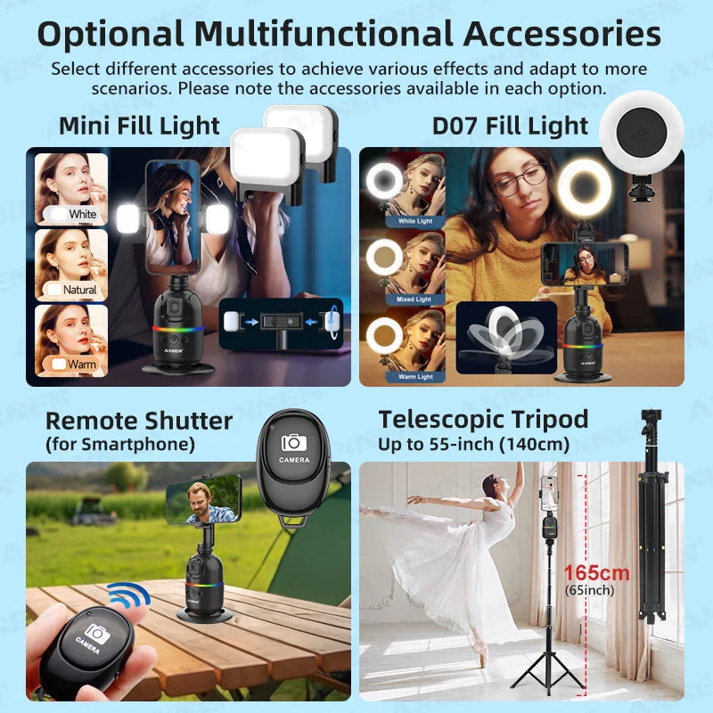 Smart Auto Face Tracking AI Gimbal – 360° Desktop Vlog Stabilizer for Smartphone & Action Camera (Tripod Optional)