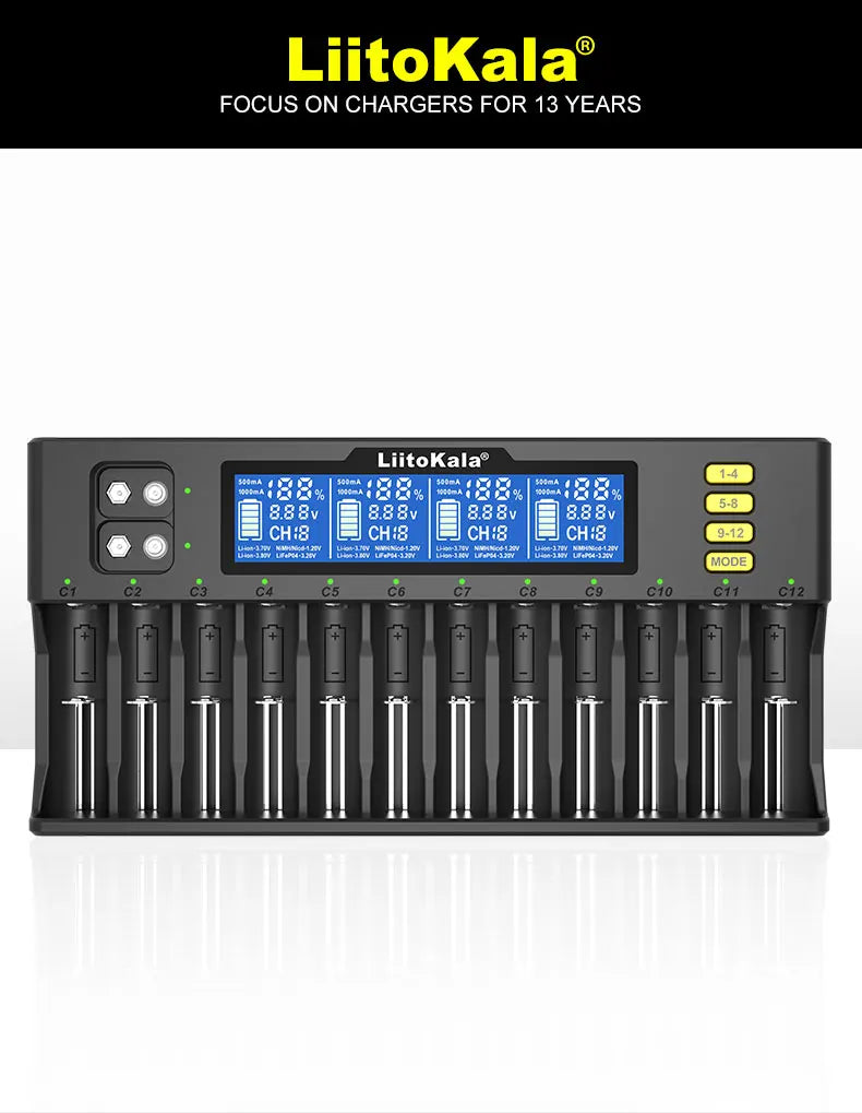 LiitoKala Lii-S8 Lii-S12 CH4 Multi-Function Battery Charger – 18650, 26650, 21700, 26700, AA, AAA Li-ion, NiMH, LiFePO4 Compatible
