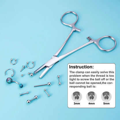 Surgical Steel Piercing Tool Set - Pliers, Forceps, Needle Pipe Clamp Tweezers for Opening and Closing CBR Rings, Ear, Belly, Nose Piercing Tools