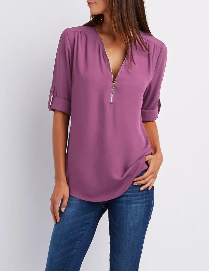 Women’s 2025 Hot Sale Loose Chiffon Blouse – Deep V-Neck Casual Top with Zipper Pullover Plus Size