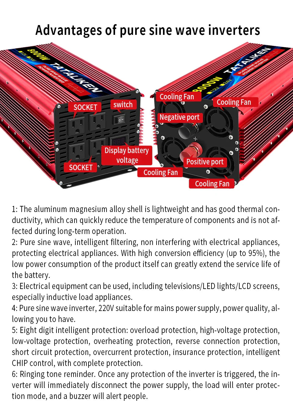 Pure Sine Wave Inverter 5000–10000W – 12V DC to 110V AC Portable Solar & Car Power Converter