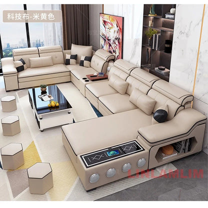 Linlamlim Modern Sectional Sofa Set - Fabric Chaise Lounge with Bluetooth Speakers & USB Charging Ports for Living Room
