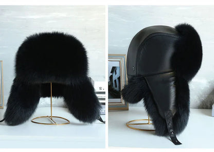 Natural Raccoon & Fox Fur Russian Ushanka Hat – Women’s Black Winter Bomber Cap with Ear Flaps