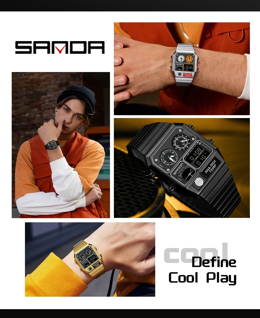 SANDA 3192 Men's LED Square Watch with Thermometer, Stopwatch & Chronograph – Multi-function Casual Timepiece for Youth   2/2