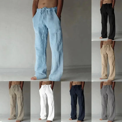 Men’s Cotton Linen Casual Pants – Breathable Summer Trousers with Elastic Waist, Solid Color Harajuku Style